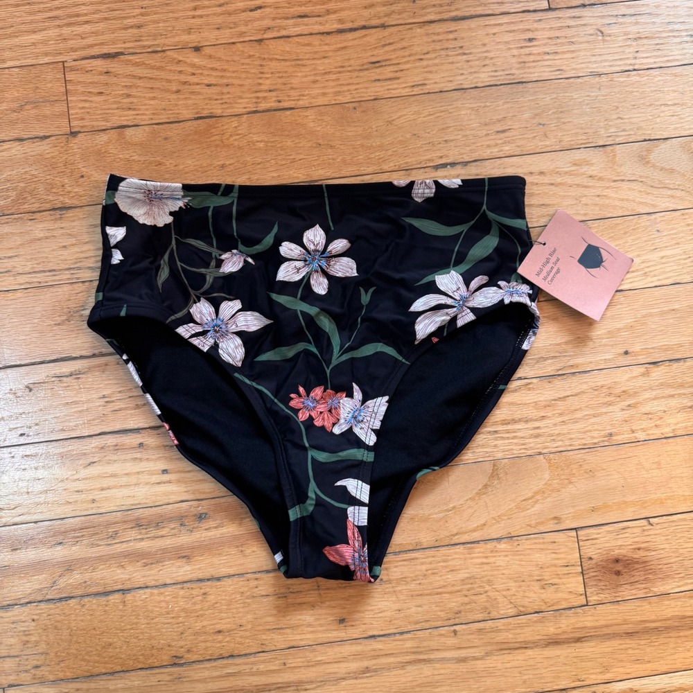 Shade & Shore Black Floral Mid-High Rise Bikini Bottoms NWT Small 4-6